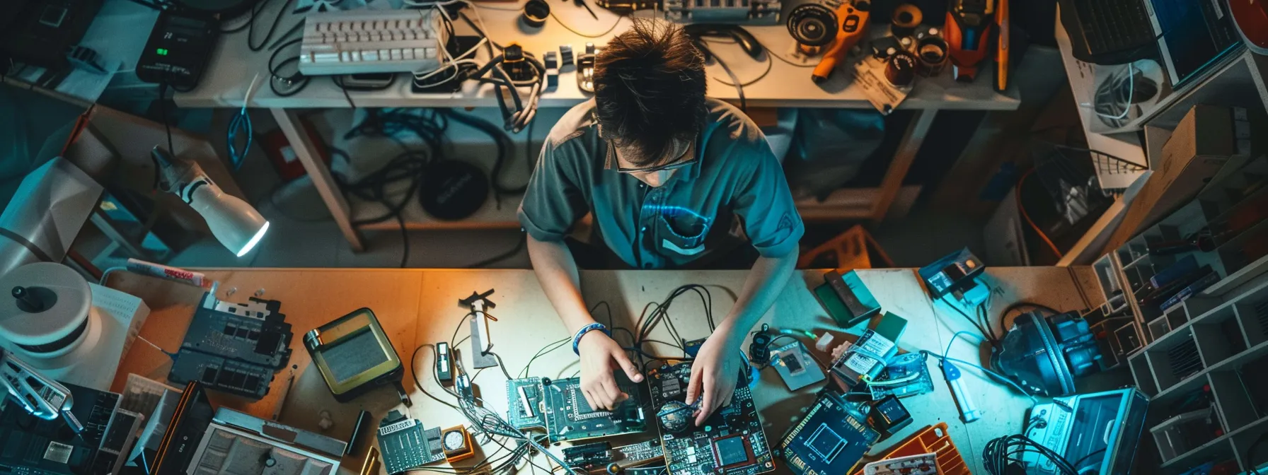 a confused businessman looking at a tangled mess of computer wires and cables.