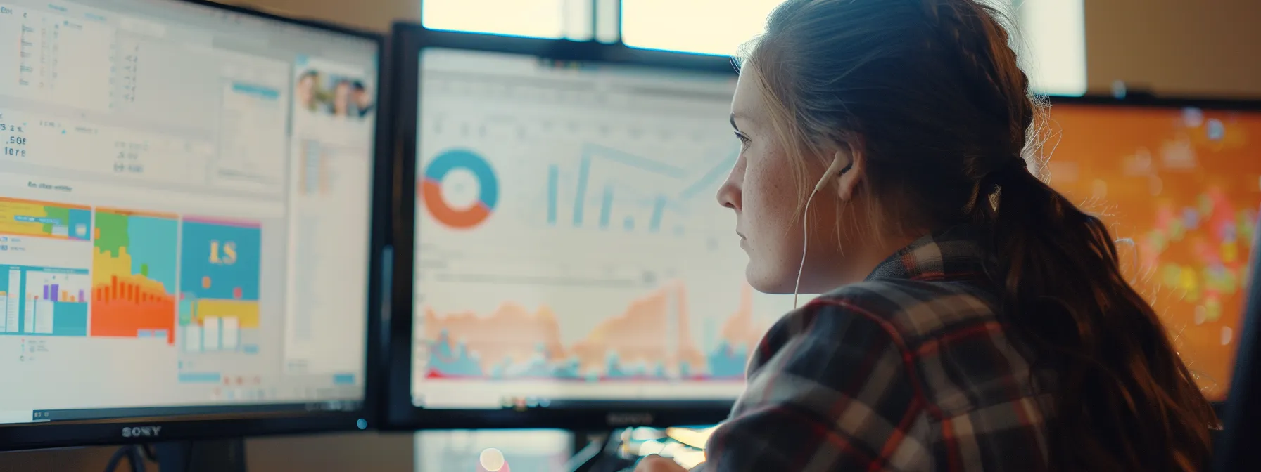 A web designer studying market trends in Lethbridge, surrounded by vibrant local business data and community engagement tools